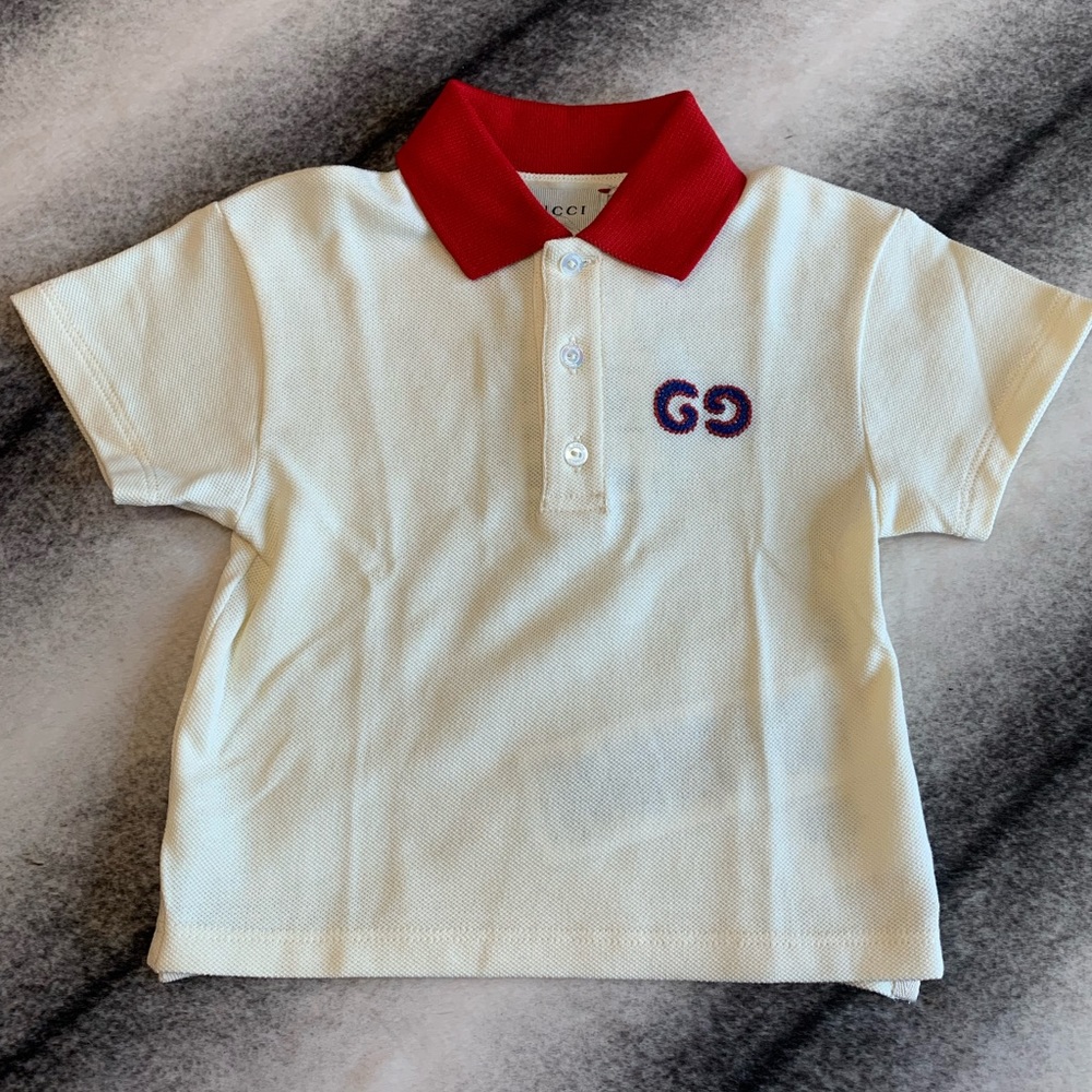 Gucci Kids Stretch Cotton Pique Polo Infant Bone/Red GG Logo